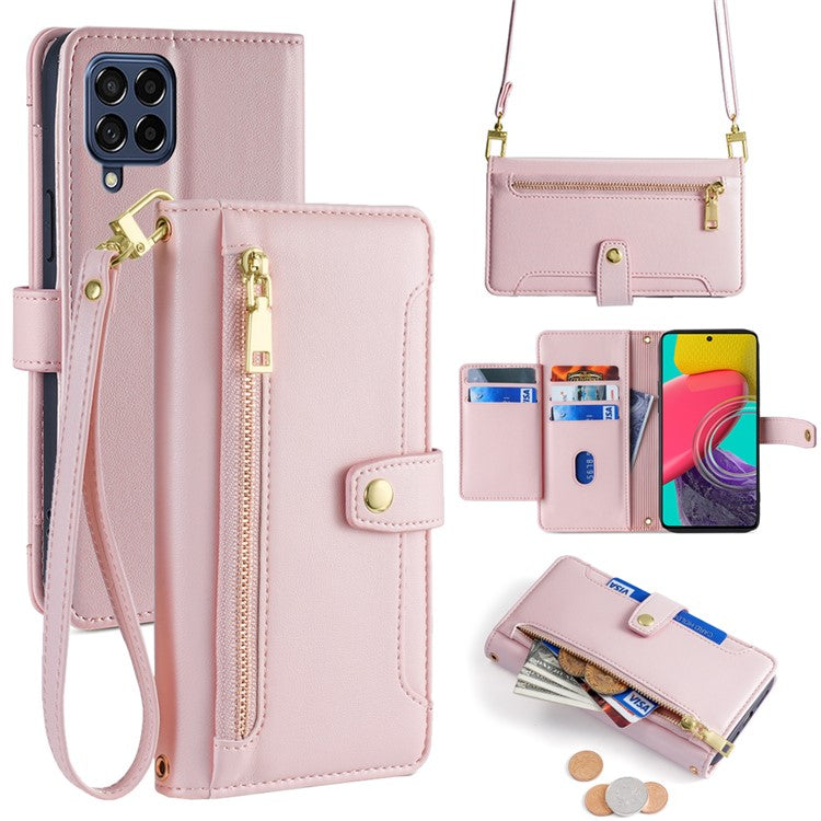 For Samsung Galaxy M53 5G Wallet Case Zipper Pocket Leather Anti-fall Phone Cover - Pink
