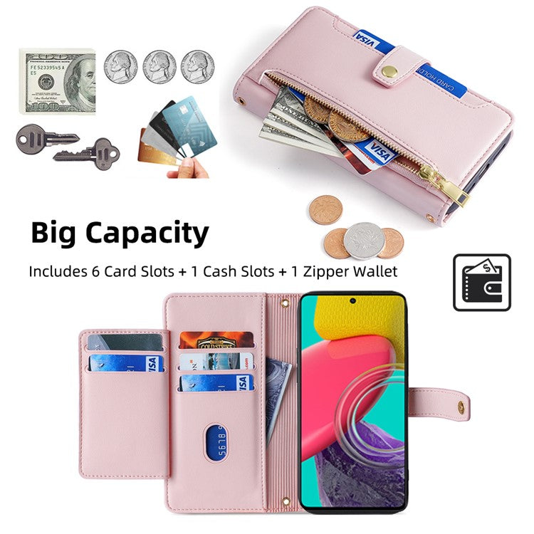For Samsung Galaxy M53 5G Wallet Case Zipper Pocket Leather Anti-fall Phone Cover - Pink