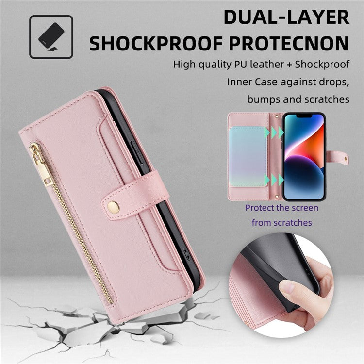 For Samsung Galaxy M53 5G Wallet Case Zipper Pocket Leather Anti-fall Phone Cover - Pink