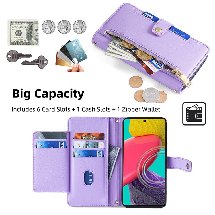 For Samsung Galaxy M53 5G Wallet Case Zipper Pocket Leather Anti-fall Phone Cover - Purple