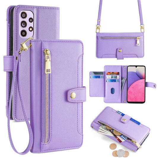 For Samsung Galaxy A33 5G Case Zipper Pocket Stand Phone Cover with Shoulder Strap - Purple