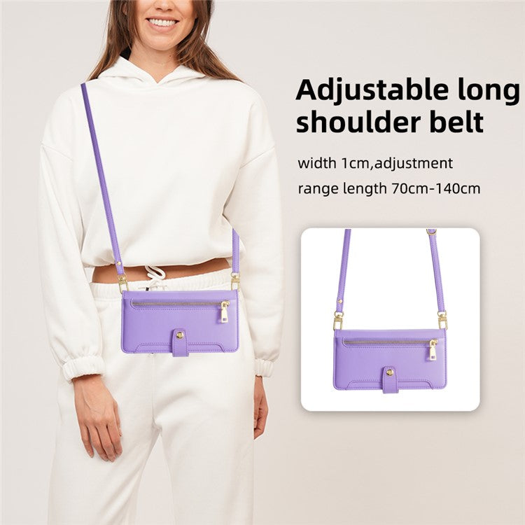 For Samsung Galaxy A33 5G Case Zipper Pocket Stand Phone Cover with Shoulder Strap - Purple