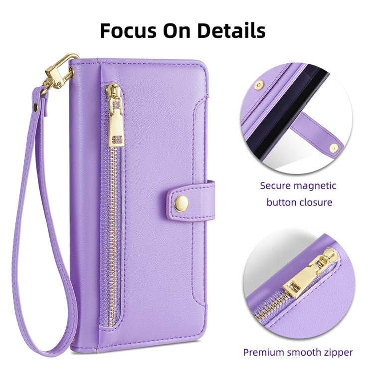 For Samsung Galaxy A33 5G Case Zipper Pocket Stand Phone Cover with Shoulder Strap - Purple