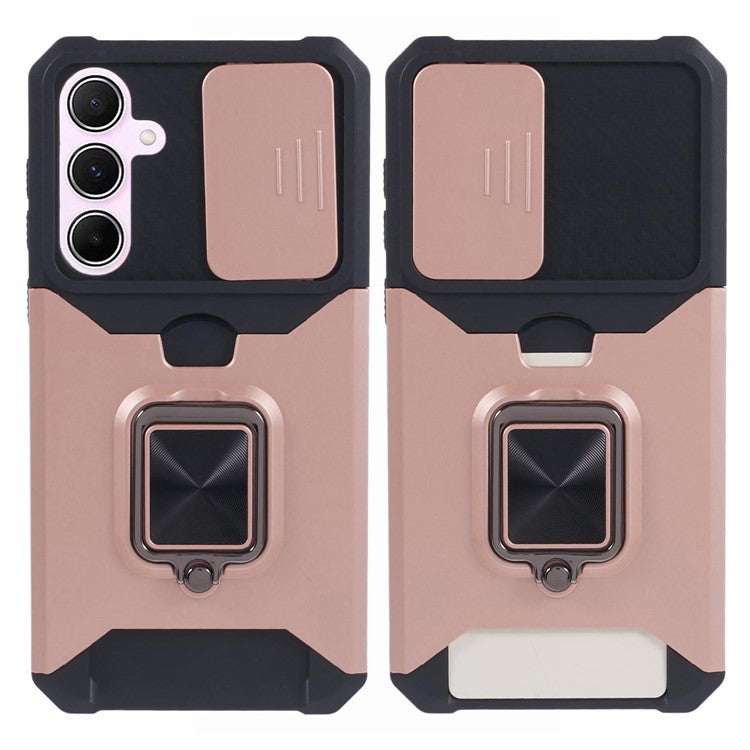 For Samsung Galaxy A55 5G Case PC+TPU Card Holder Phone Kickstand Cover with Slide Lens Lid - Rose Gold