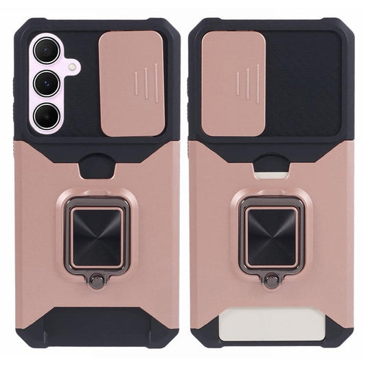 For Samsung Galaxy A55 5G Case PC+TPU Card Holder Phone Kickstand Cover with Slide Lens Lid - Rose Gold