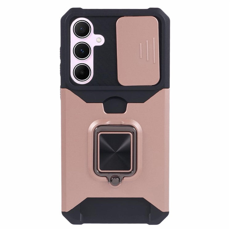 For Samsung Galaxy A55 5G Case PC+TPU Card Holder Phone Kickstand Cover with Slide Lens Lid - Rose Gold