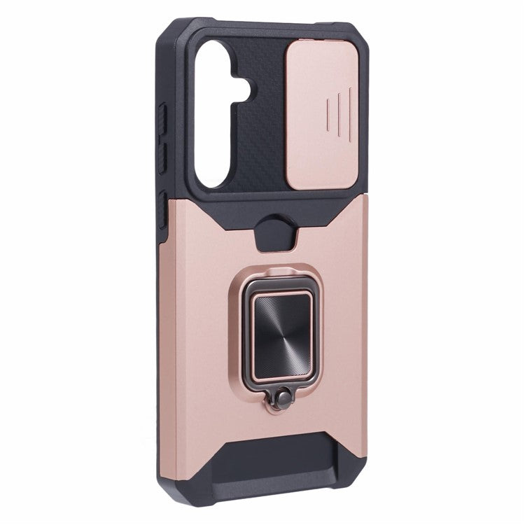 For Samsung Galaxy A55 5G Case PC+TPU Card Holder Phone Kickstand Cover with Slide Lens Lid - Rose Gold