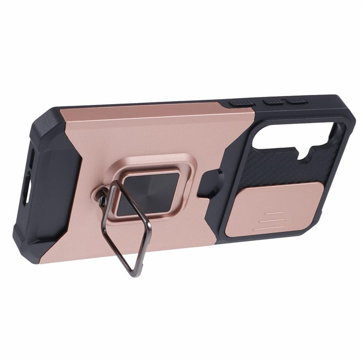 For Samsung Galaxy A55 5G Case PC+TPU Card Holder Phone Kickstand Cover with Slide Lens Lid - Rose Gold