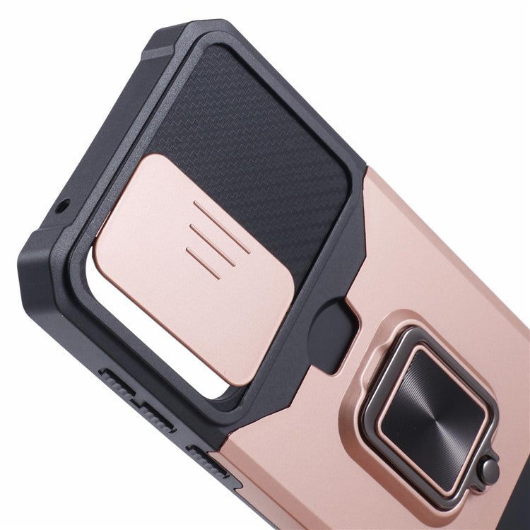 For Samsung Galaxy A55 5G Case PC+TPU Card Holder Phone Kickstand Cover with Slide Lens Lid - Rose Gold
