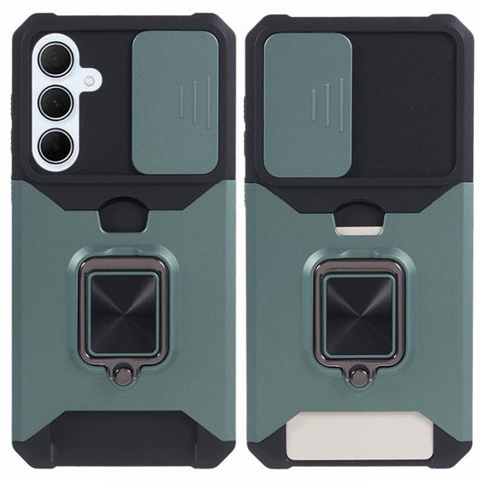For Samsung Galaxy A35 5G Phone Kickstand Case Slide Lens Lid PC+TPU Cover with Card Holder - Blackish Green
