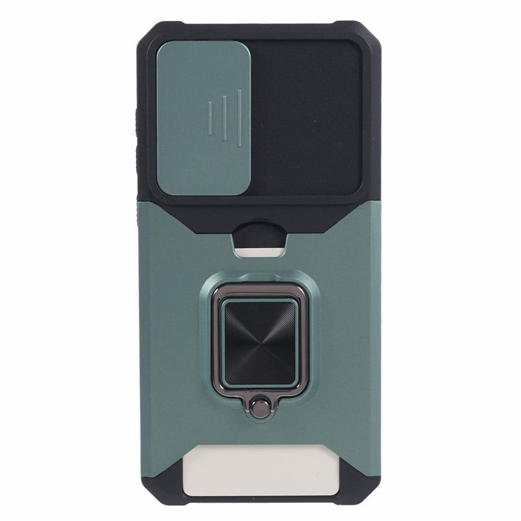 For Samsung Galaxy A35 5G Phone Kickstand Case Slide Lens Lid PC+TPU Cover with Card Holder - Blackish Green