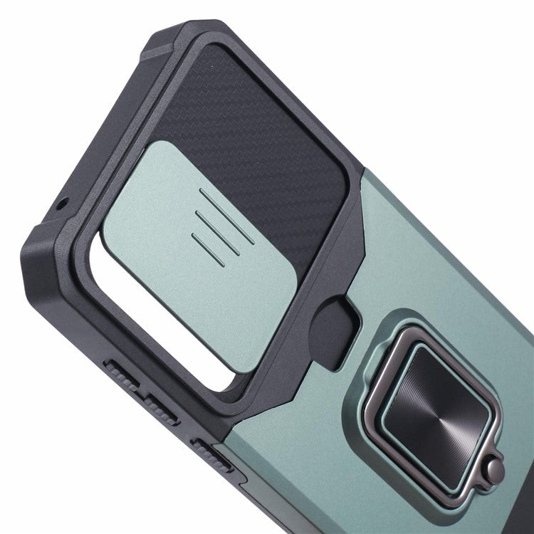 For Samsung Galaxy A35 5G Phone Kickstand Case Slide Lens Lid PC+TPU Cover with Card Holder - Blackish Green