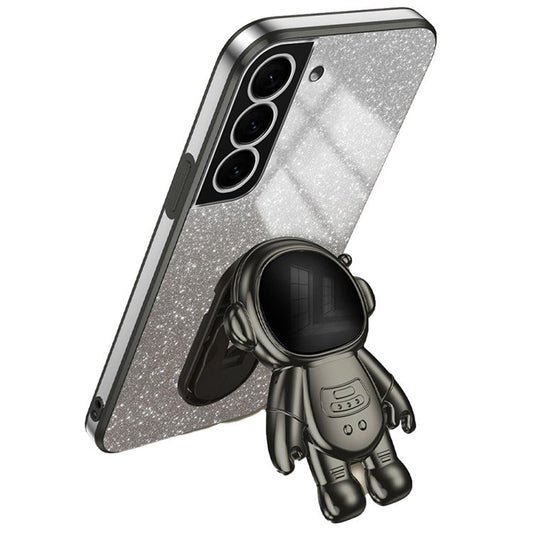 For Samsung Galaxy S22+ 5G Electroplating Case Astronaut Kickstand Phone Cover - Black