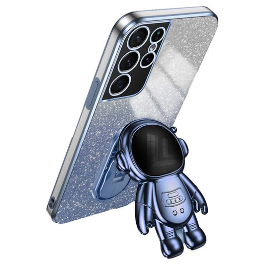 For Samsung Galaxy S21 Ultra 5G Case PC+TPU Anti-scratch Phone Cover with Astronaut Kickstand - Blue