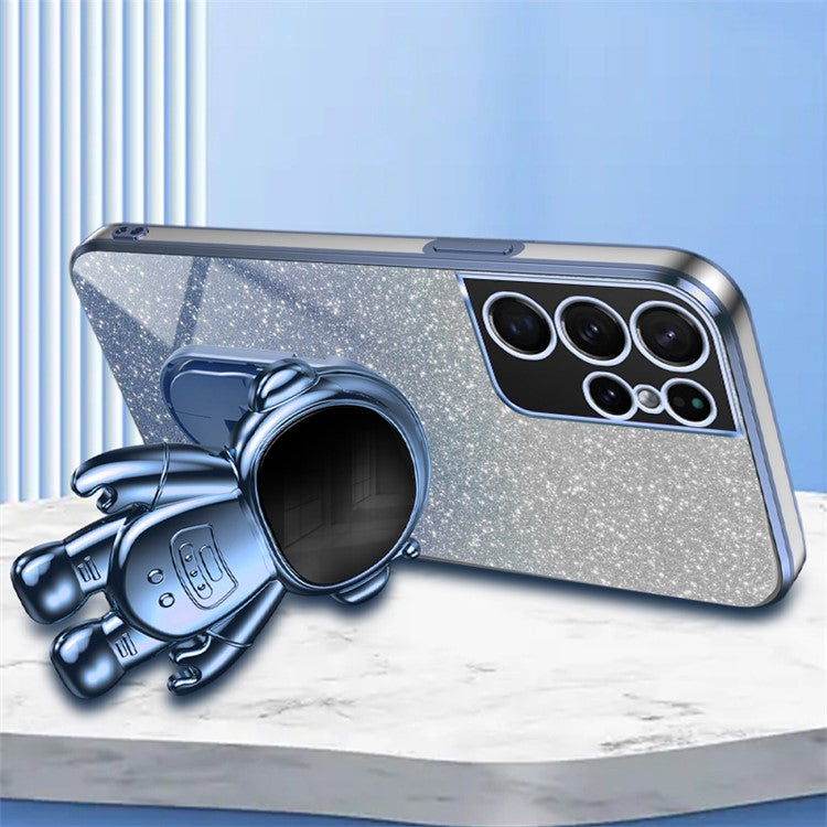 For Samsung Galaxy S21 Ultra 5G Case PC+TPU Anti-scratch Phone Cover with Astronaut Kickstand - Blue