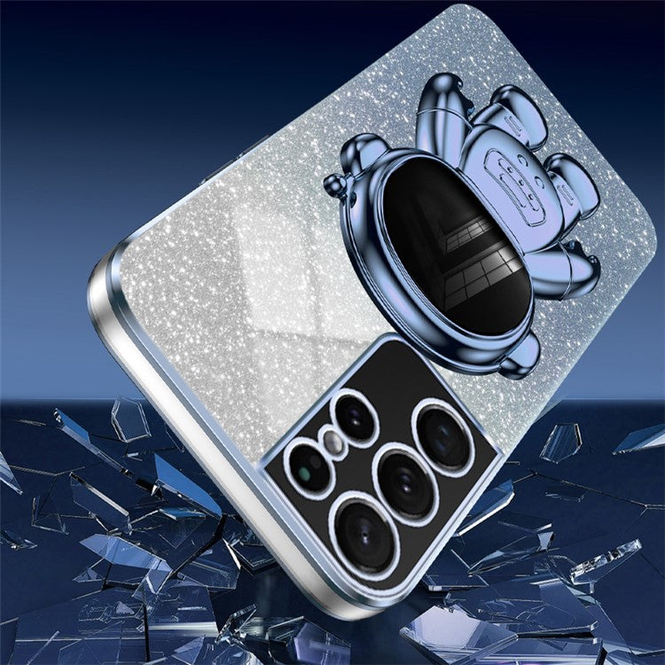 For Samsung Galaxy S21 Ultra 5G Case PC+TPU Anti-scratch Phone Cover with Astronaut Kickstand - Blue
