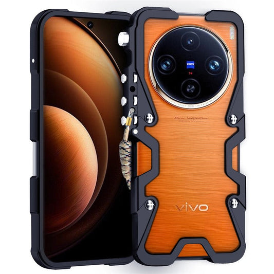 For vivo X100 5G / X80 5G / X80 Pro 5G / X90 5G / X90s 5G Case Scratch Resistant Aluminium Alloy Cell Phone Cover with Strap - Black