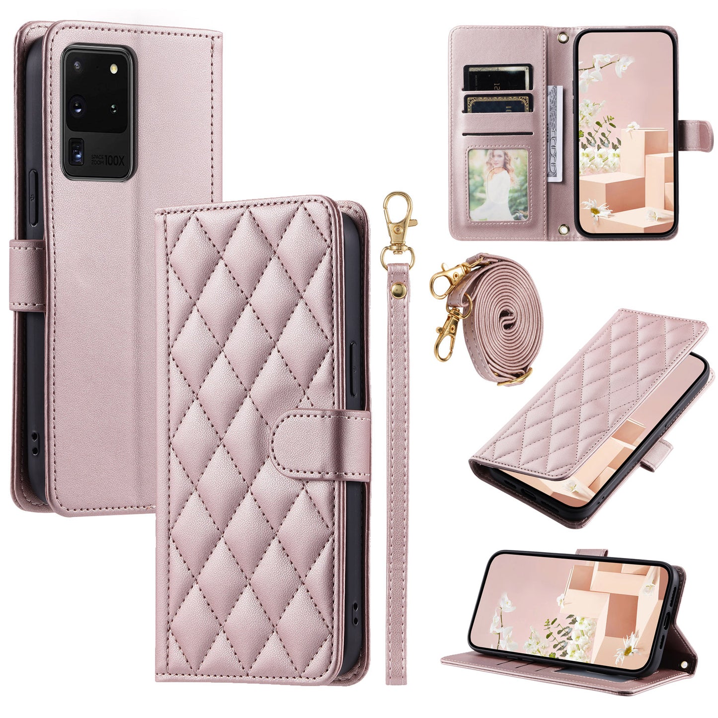 For Samsung Galaxy S20 Ultra Case Stand Flip Leather Phone Cover with 2 Straps - Rose Gold