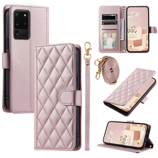 For Samsung Galaxy S20 Ultra Case Stand Flip Leather Phone Cover with 2 Straps - Rose Gold