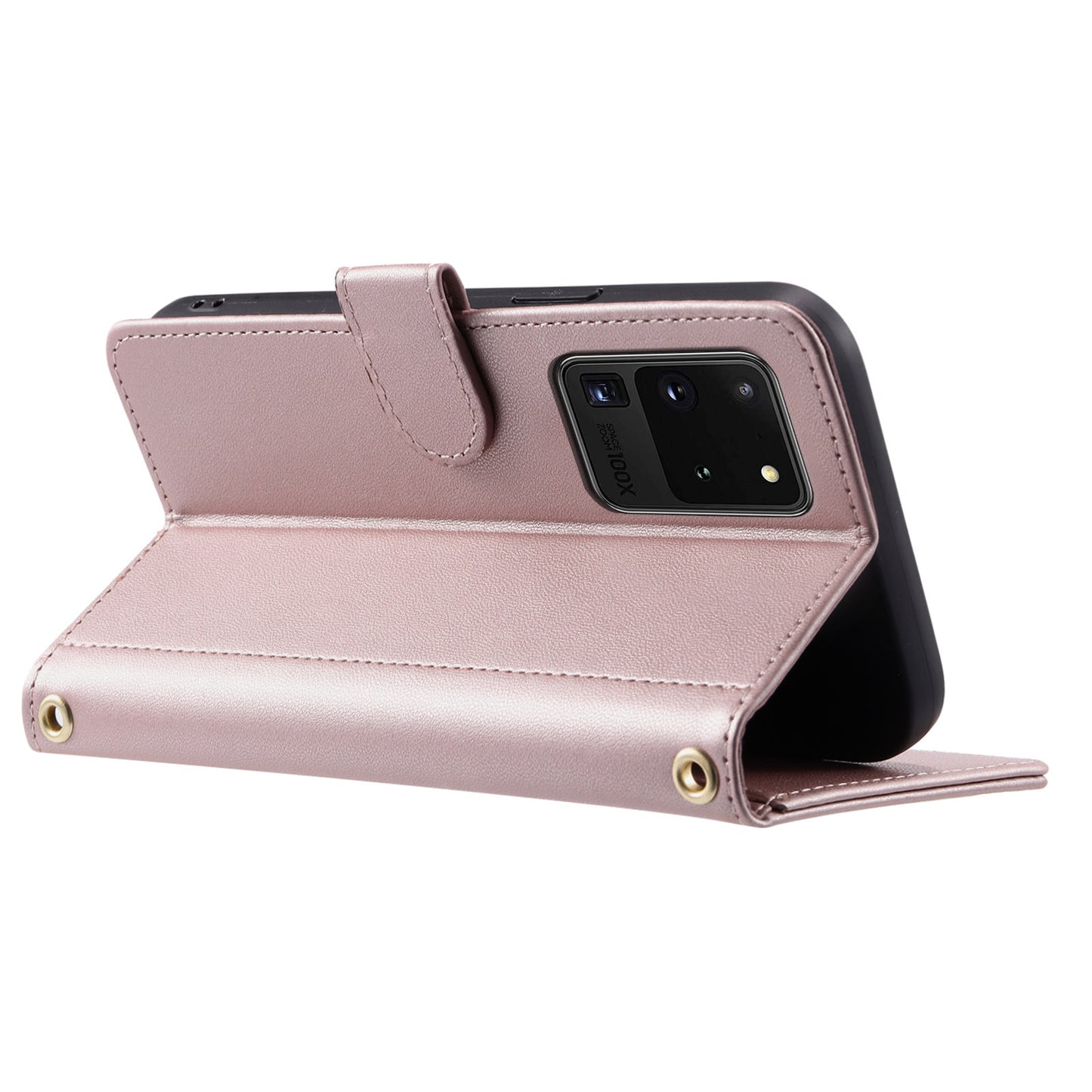 For Samsung Galaxy S20 Ultra Case Stand Flip Leather Phone Cover with 2 Straps - Rose Gold