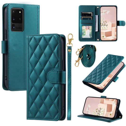 For Samsung Galaxy S20 Ultra Case Stand Flip Leather Phone Cover with 2 Straps - Green