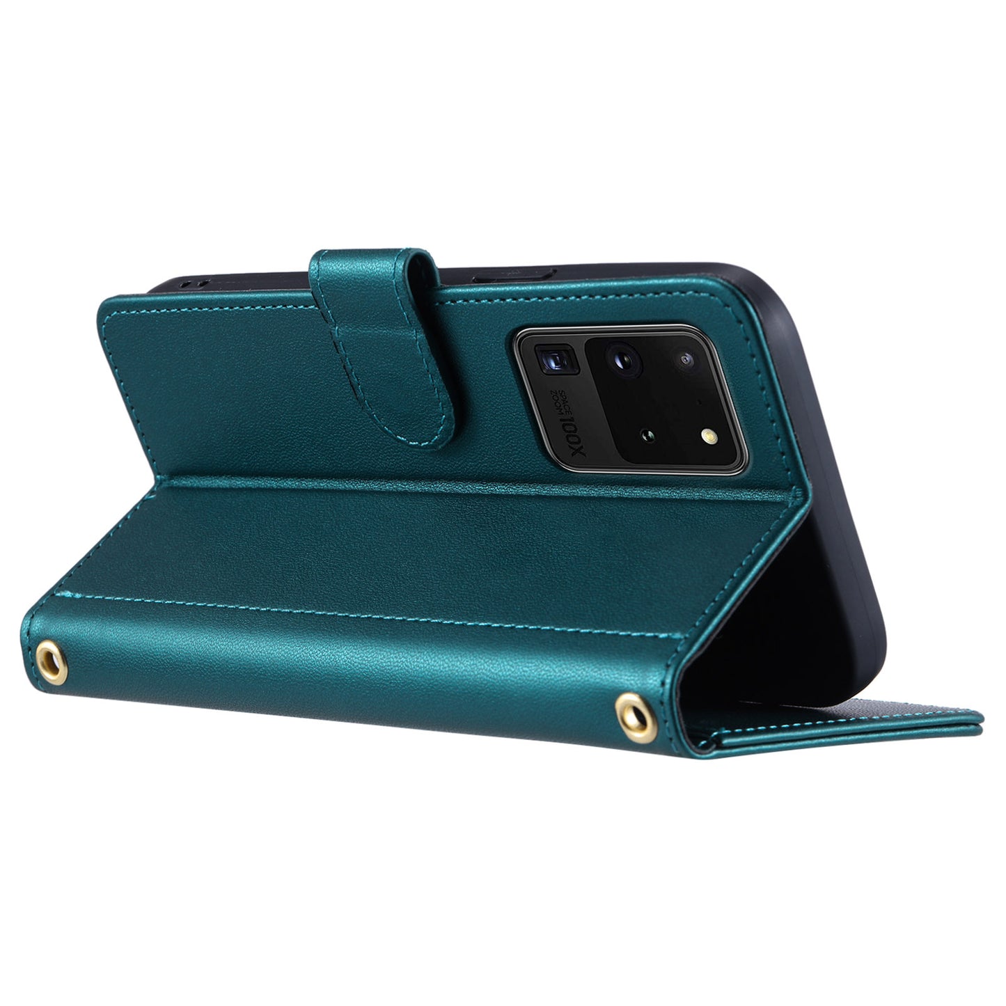 For Samsung Galaxy S20 Ultra Case Stand Flip Leather Phone Cover with 2 Straps - Green