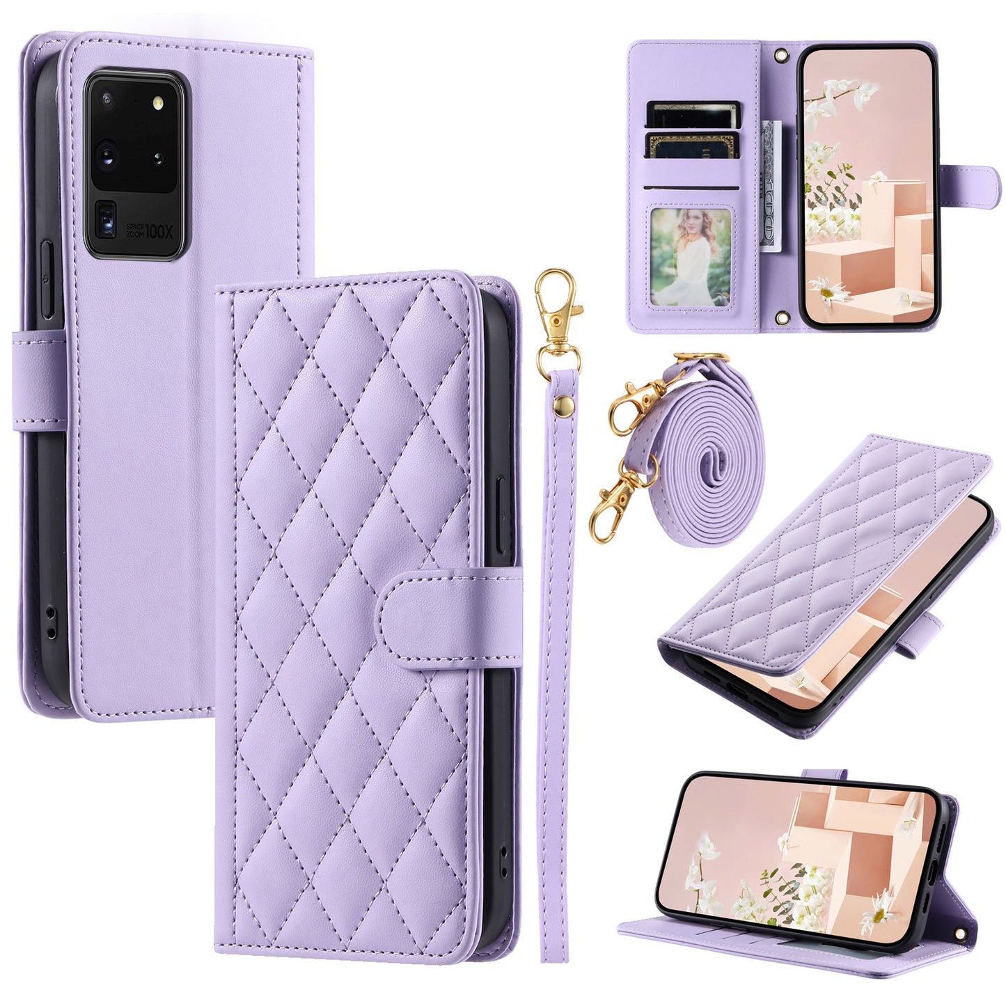 For Samsung Galaxy S20 Ultra Case Stand Flip Leather Phone Cover with 2 Straps - Purple
