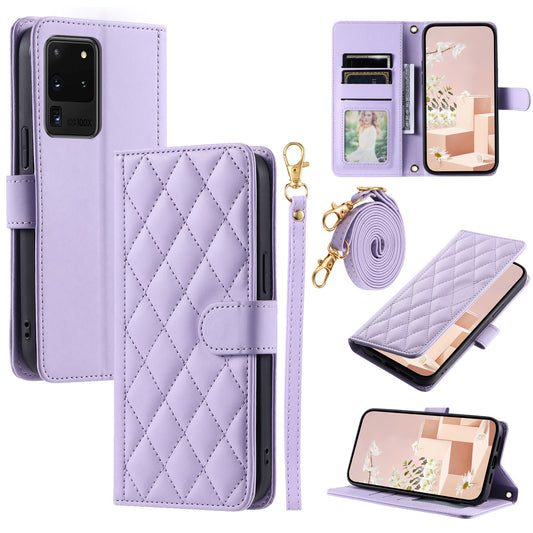 For Samsung Galaxy S20 Ultra Case Stand Flip Leather Phone Cover with 2 Straps - Purple