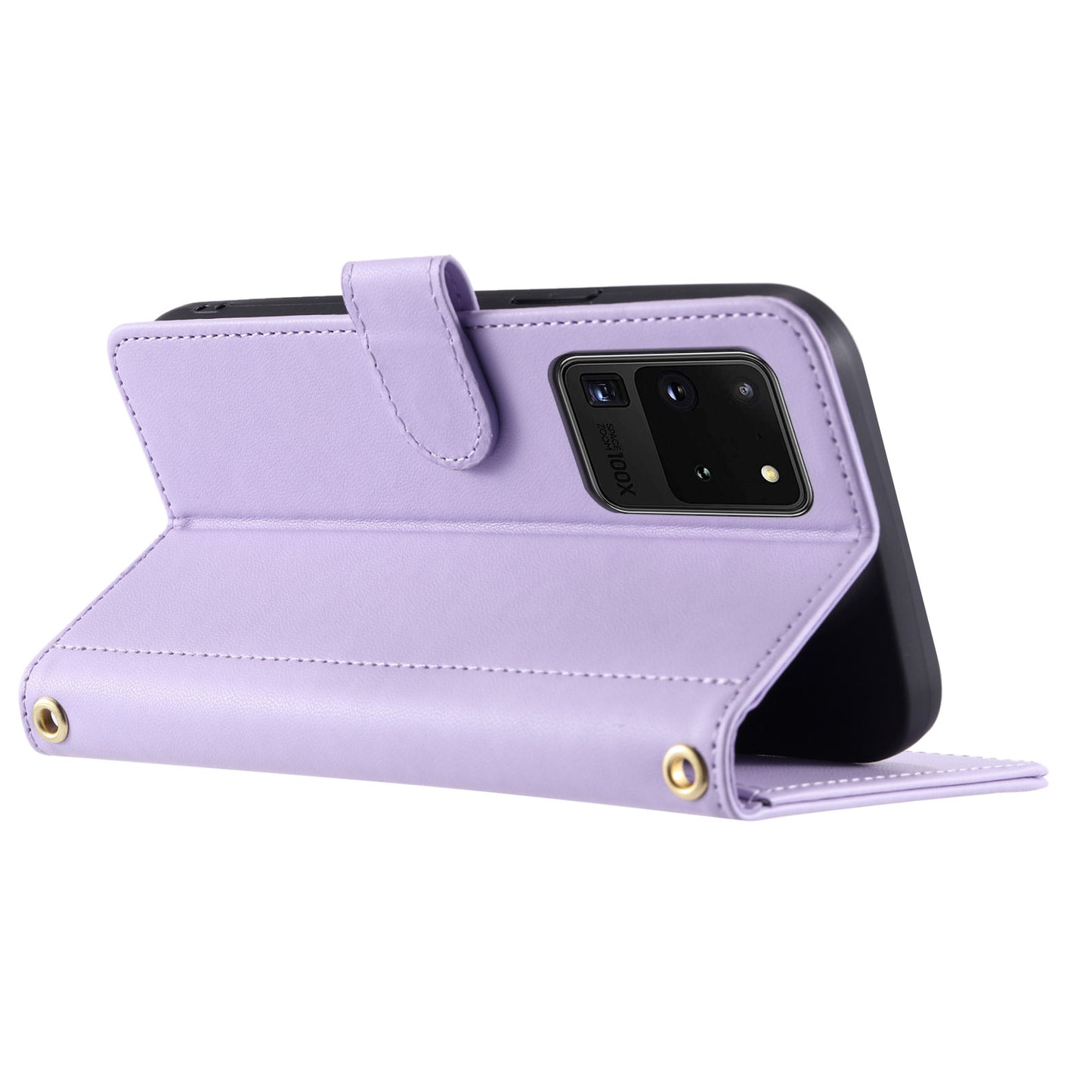For Samsung Galaxy S20 Ultra Case Stand Flip Leather Phone Cover with 2 Straps - Purple