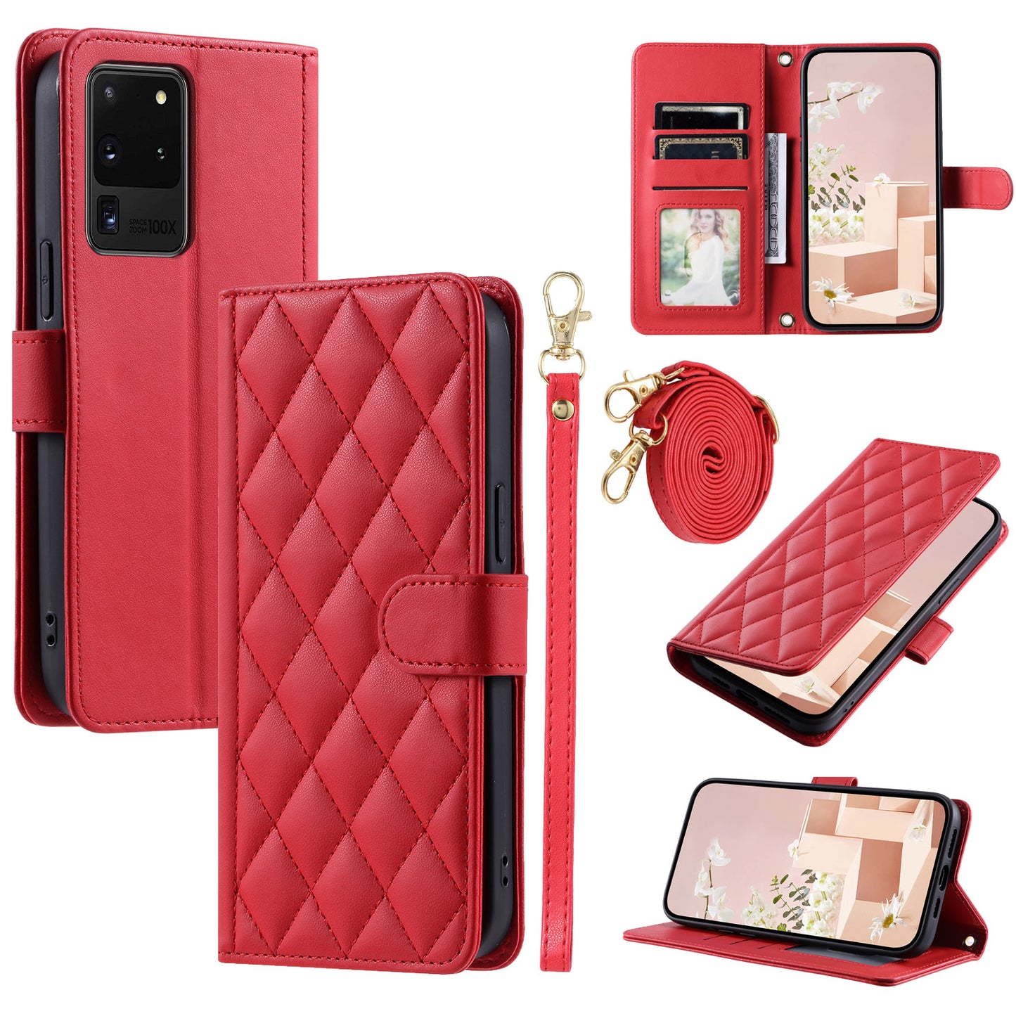 For Samsung Galaxy S20 Ultra Case Stand Flip Leather Phone Cover with 2 Straps - Red