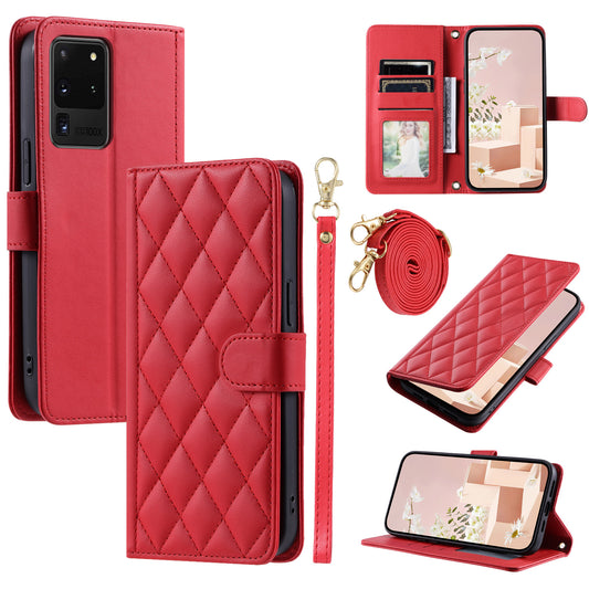 For Samsung Galaxy S20 Ultra Case Stand Flip Leather Phone Cover with 2 Straps - Red