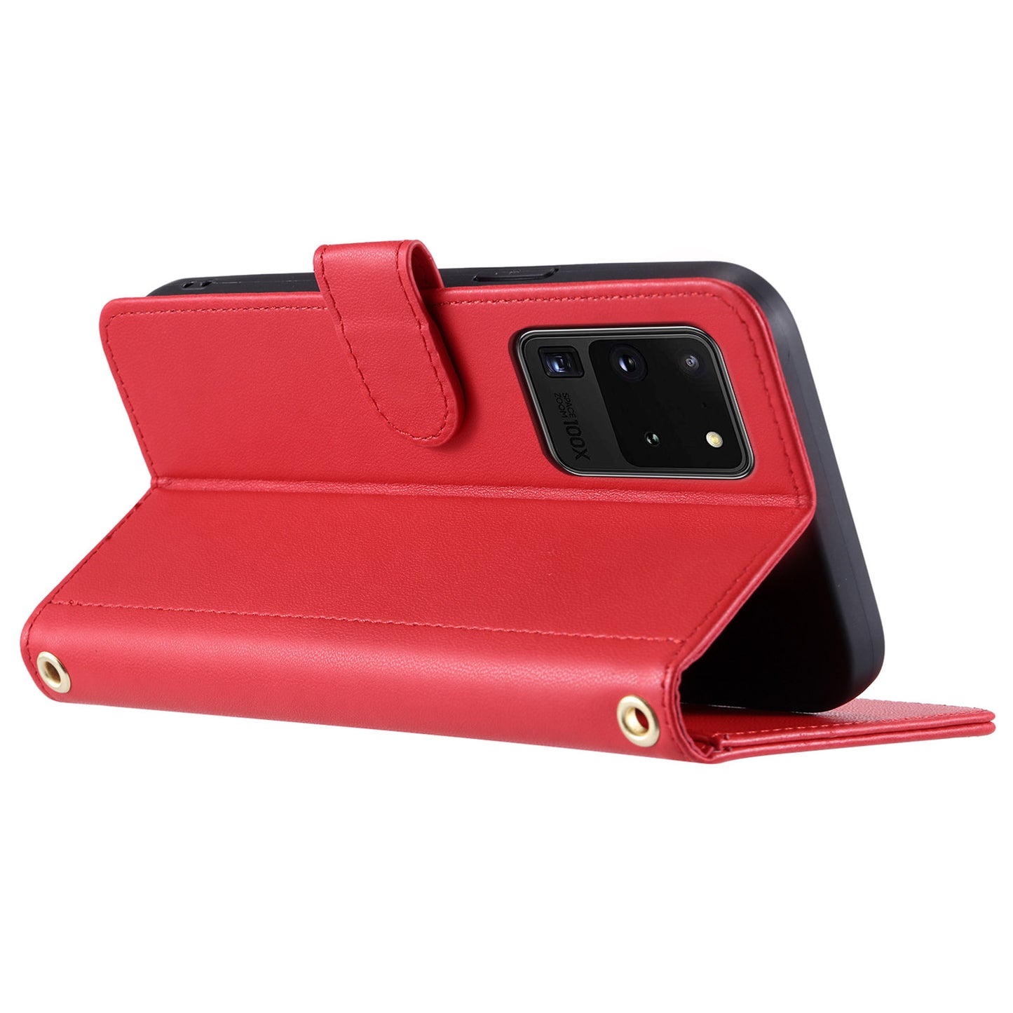 For Samsung Galaxy S20 Ultra Case Stand Flip Leather Phone Cover with 2 Straps - Red