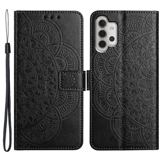 For Samsung Galaxy A32 4G (EU Version) Case Mandala Flowers Leather Flip Phone Cover with Strap - Black