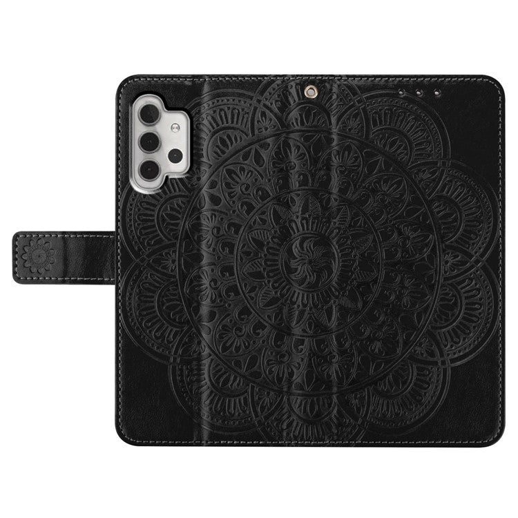 For Samsung Galaxy A32 4G (EU Version) Case Mandala Flowers Leather Flip Phone Cover with Strap - Black