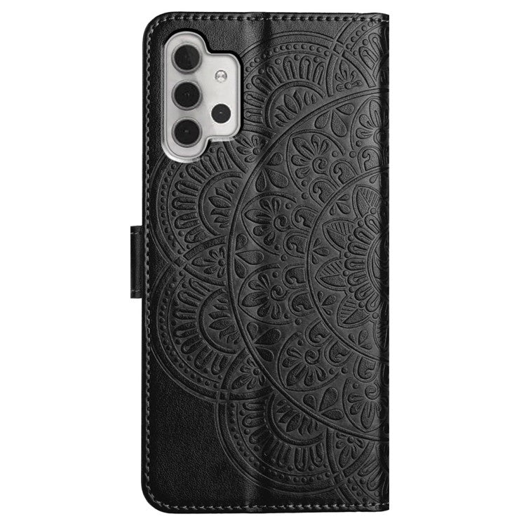 For Samsung Galaxy A32 4G (EU Version) Case Mandala Flowers Leather Flip Phone Cover with Strap - Black