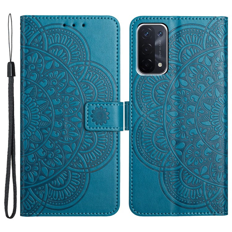 For Oppo A74 5G / A54 5G / A93 5G Case Flower Pattern Handbag Leather Folio Stand View Phone Cover - Blue