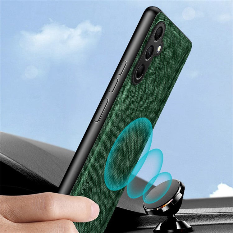 For Samsung Galaxy A05s 4G Back Phone Cover Cross Texture Business Style Case Built-in Metal Sheet - Black
