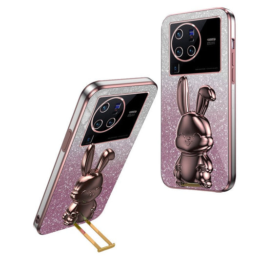 For vivo X80 Pro 5G Cartoon Rabbit Kickstand Cover PC+TPU Cell Phone Cases - Pink