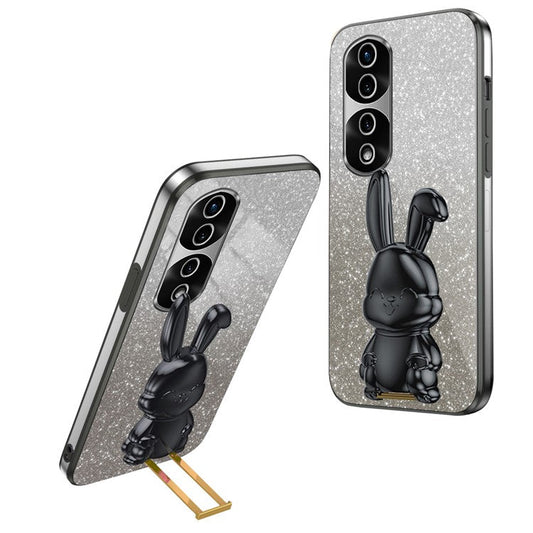 For Honor 70 Pro 5G Phone Case Glitter Powder PC+TPU Phone Cover with Pull-out Kickstand - Black