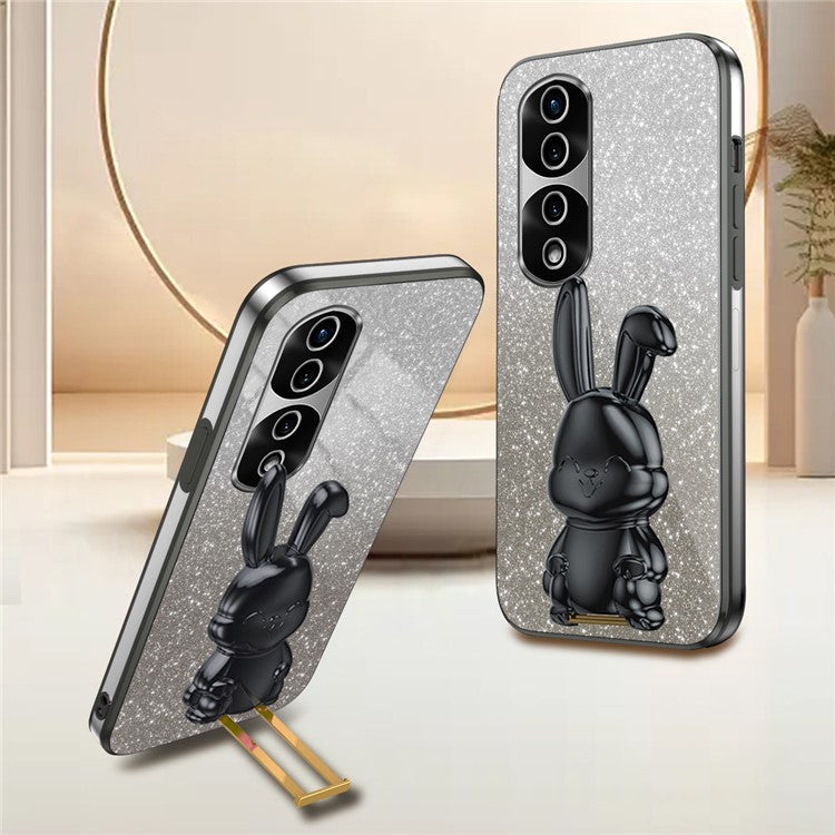 For Honor 70 Pro 5G Phone Case Glitter Powder PC+TPU Phone Cover with Pull-out Kickstand - Black