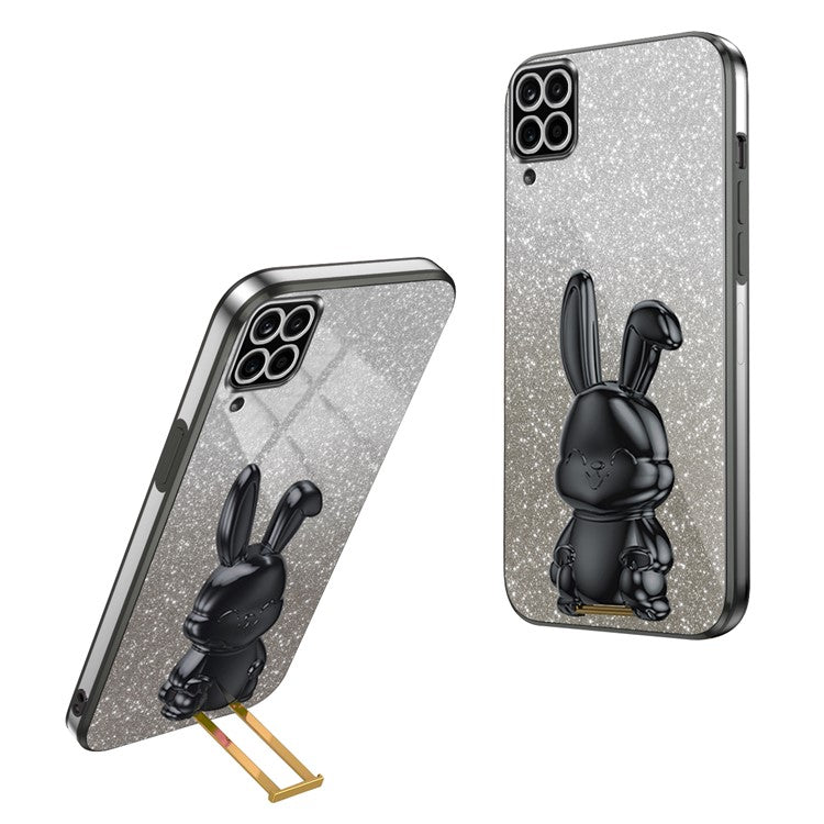 For Samsung Galaxy A12 / M12 / F12 Pull-out Kickstand Case Cartoon Rabbit Electroplated Phone Cover - Black