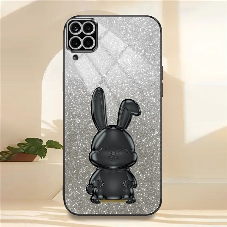 For Samsung Galaxy A12 / M12 / F12 Pull-out Kickstand Case Cartoon Rabbit Electroplated Phone Cover - Black
