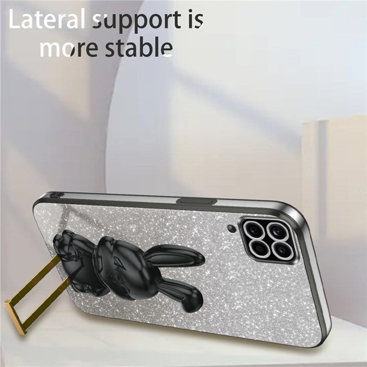 For Samsung Galaxy A12 / M12 / F12 Pull-out Kickstand Case Cartoon Rabbit Electroplated Phone Cover - Black