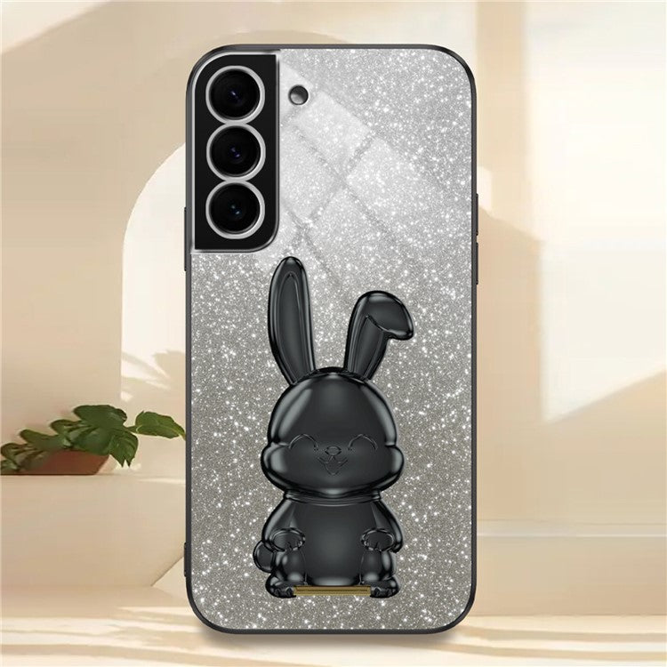 For Samsung Galaxy S22 5G Kickstand Phone Case Cartoon Rabbit Glitter Drop-proof Cover - Black
