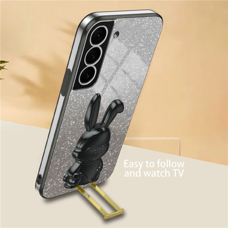 For Samsung Galaxy S22 5G Kickstand Phone Case Cartoon Rabbit Glitter Drop-proof Cover - Black
