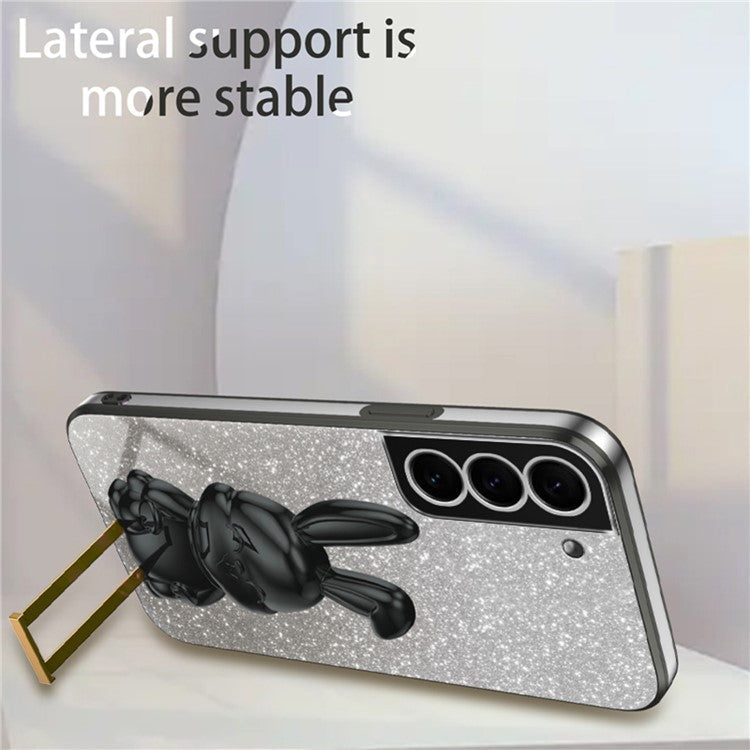 For Samsung Galaxy S22 5G Kickstand Phone Case Cartoon Rabbit Glitter Drop-proof Cover - Black