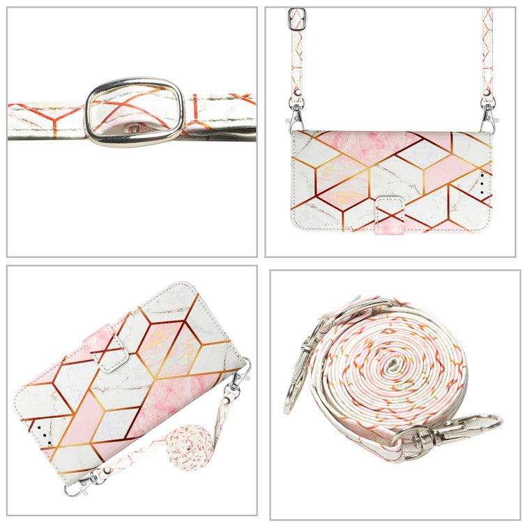 YB Pattern Printing Leather Series-6 For Samsung Galaxy S24+ Case PU Leather Cover with Shoulder Strap - Pink+White LS002