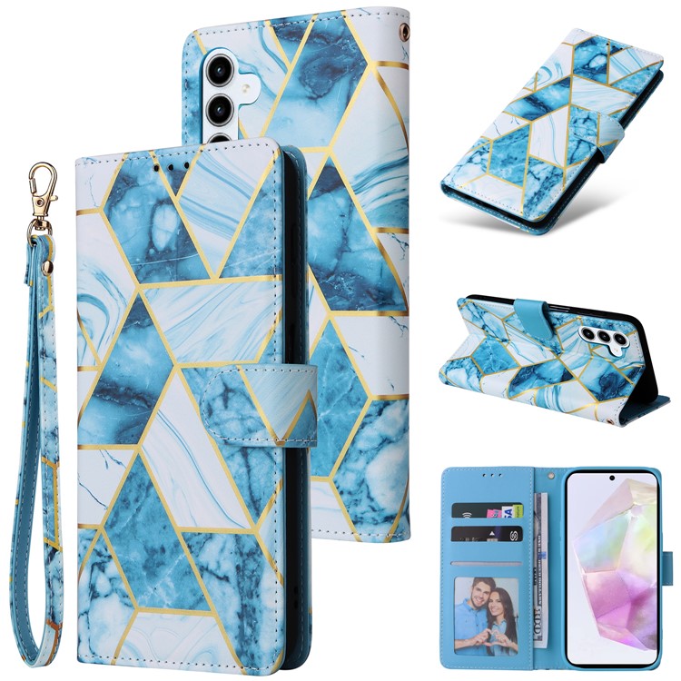 For Samsung Galaxy A35 5G Case PU Leather Marble Pattern Wallet Card Slots Phone Cover - Blue