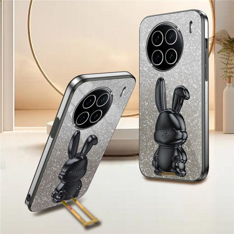 For vivo X90 Pro+ 5G Slim PC+TPU Case Rabbit Design Kickstand Phone Cover - Black