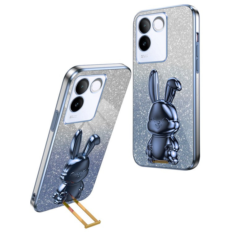 For vivo S17e 5G Cell Phone Case Cartoon Rabbit Anti-scratch Glitter Cover with Pull-out Kickstand - Blue